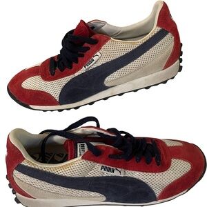 MEN’s Puma Red Navy White Suede Mesh Sneakers, Size 7.5